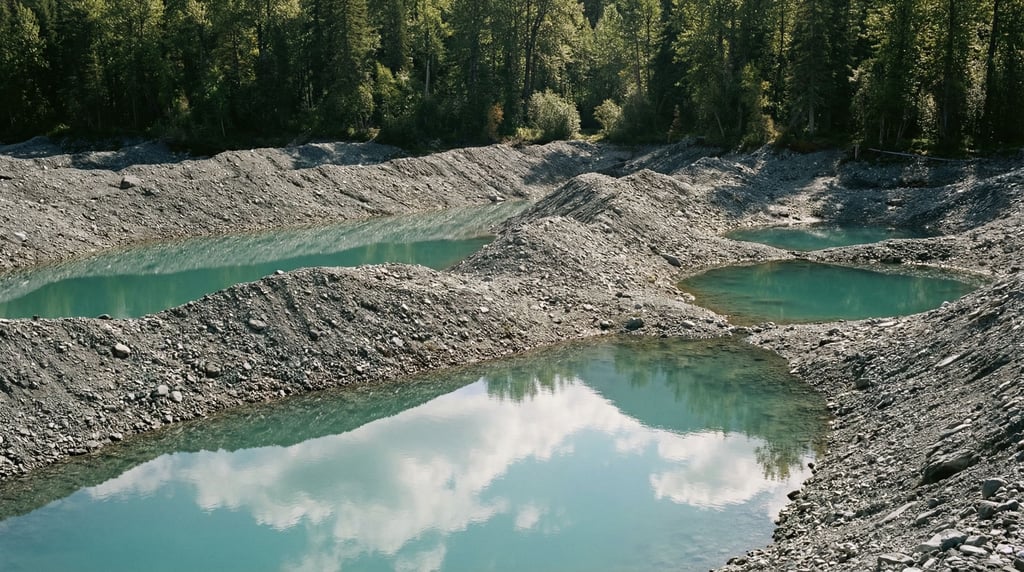 Glacial moraine landscape, gray gravel ridges and turquoise kettle ponds left behind by retreating i (qg2iljqq)