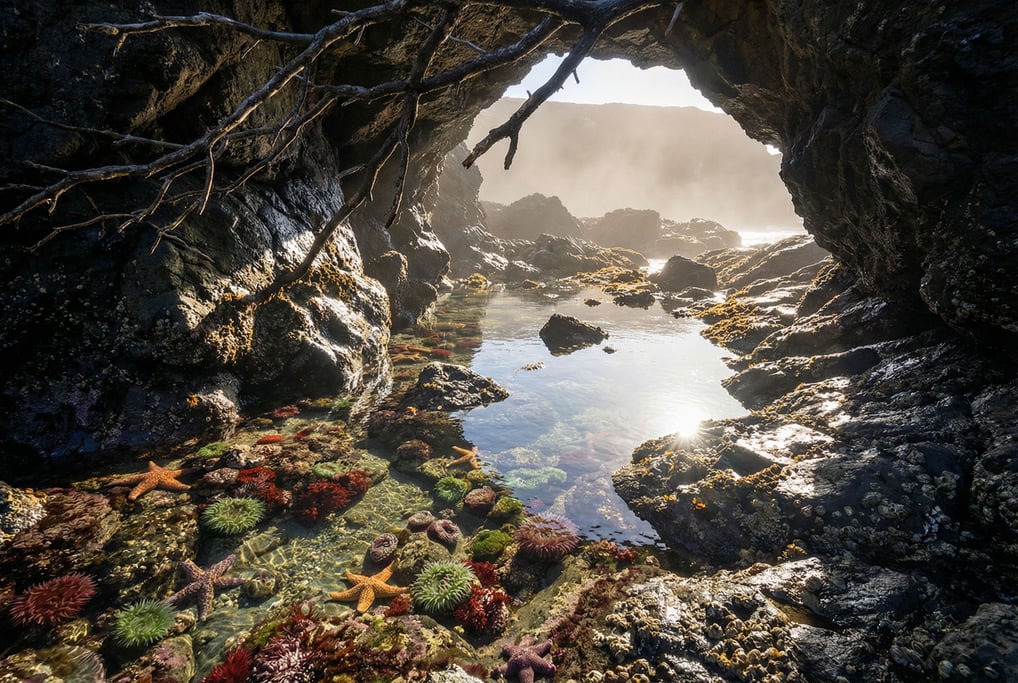 Rocky tide pool at low angle, sea anemones and starfish in shallow crystal-clear water (vuh5dmnv)