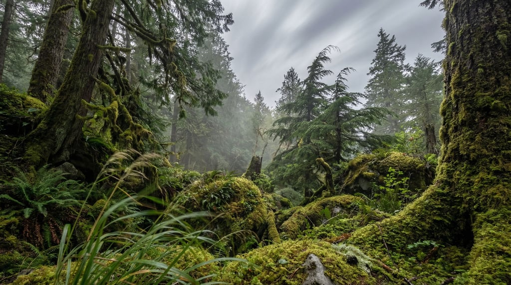 Moss-covered temperate rainforest, every surface draped in emerald green (hienjitf)