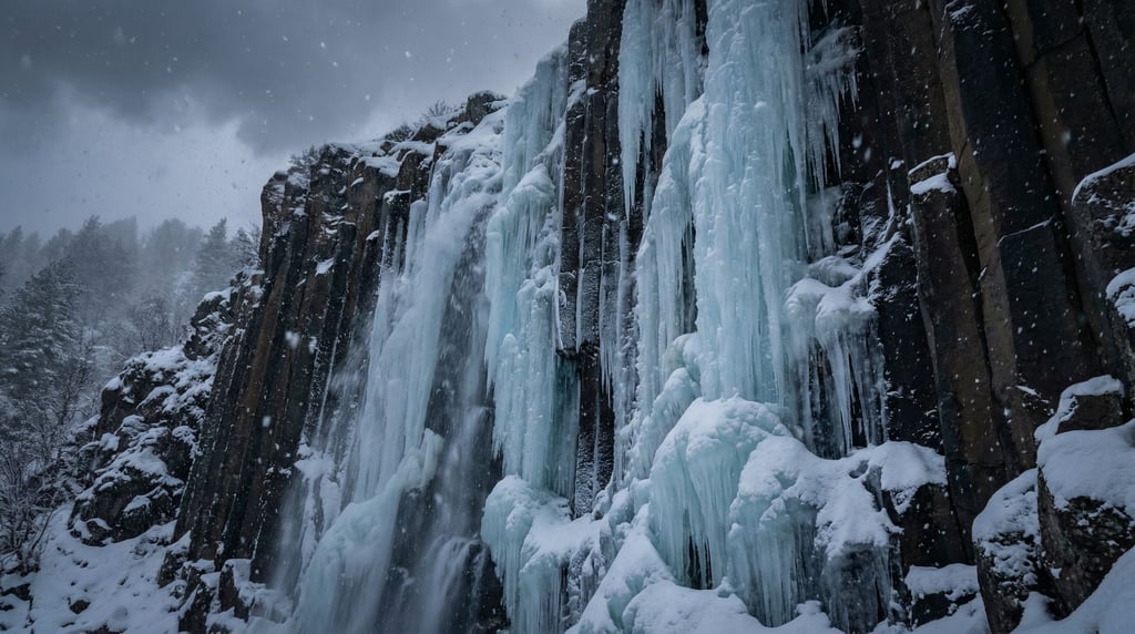 A frozen waterfall cascading down a basalt cliff face, ice formations in pale blue and white (0vrih8oo)