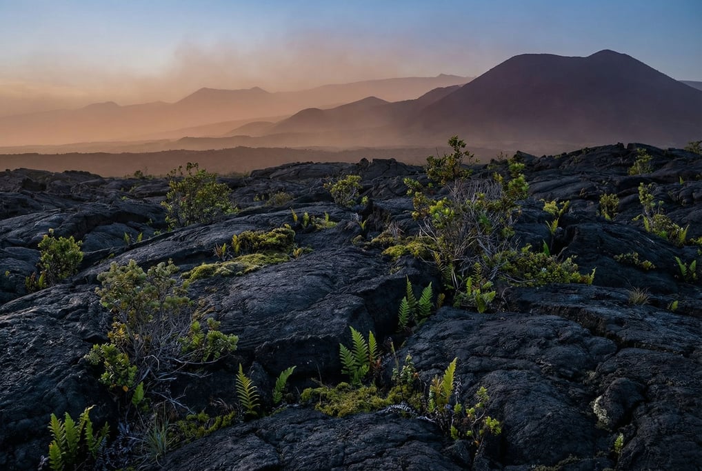 Volcanic lava field with pioneer vegetation pushing through cracks in black rock (zihc7za4)