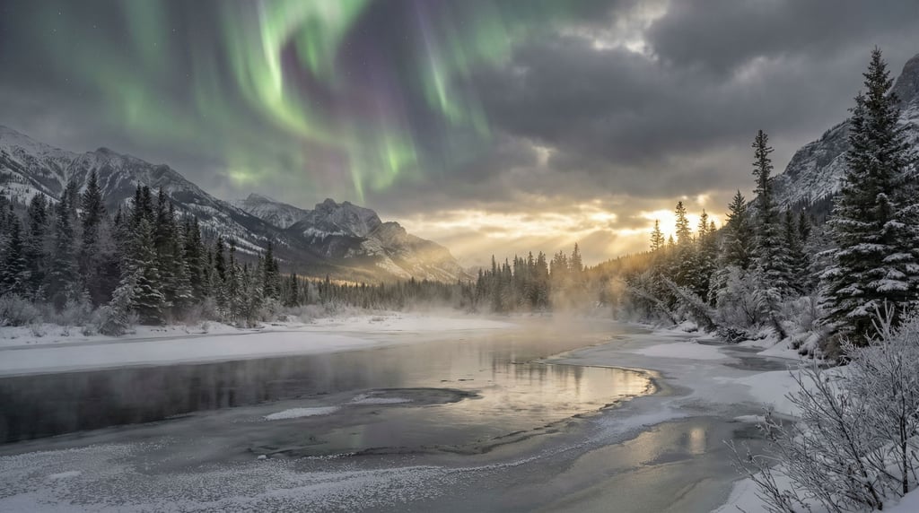 Northern lights over a snow-covered valley (ba1wvyj6)