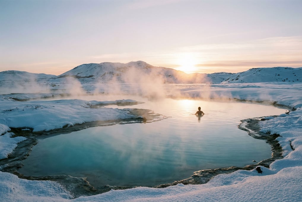 Snow-covered volcanic hot springs, steam rising from turquoise mineral pools into sub-zero air (gw34rmcw)