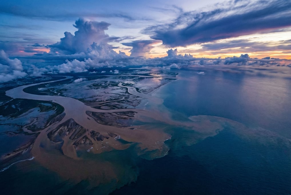 River delta branching into the sea seen from high above (9o44xhhd)