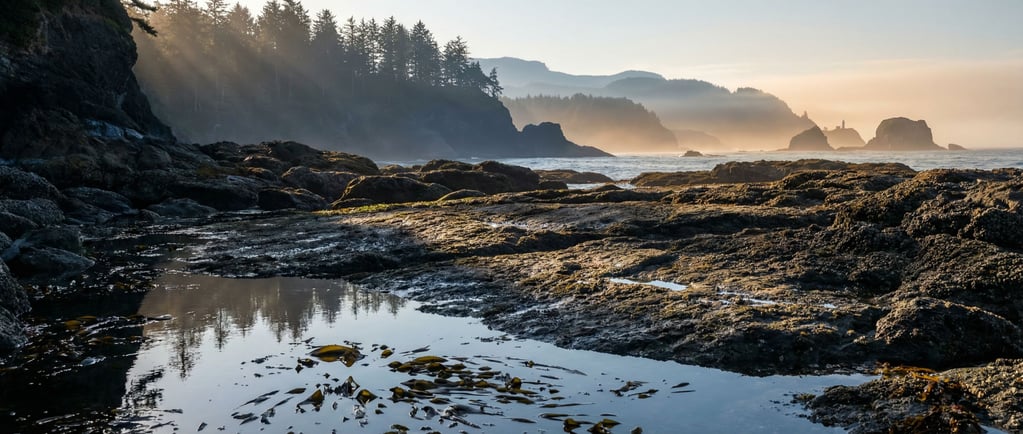 Wave-cut platform at very low tide, tide pools and kelp exposed, rocky shoreline geometry (fymty9sp)