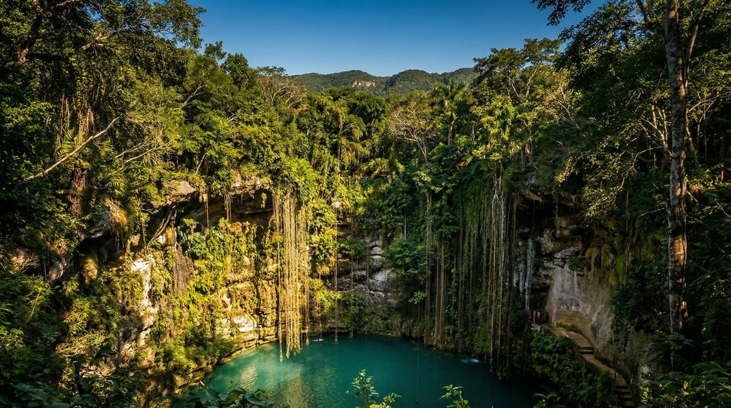 A cenote in dense jungle, circular sinkhole with turquoise water far below (gw0yter)