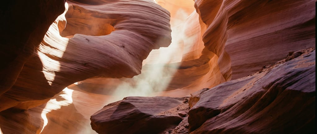 A slot canyon with light beams penetrating from above (tx8rr)