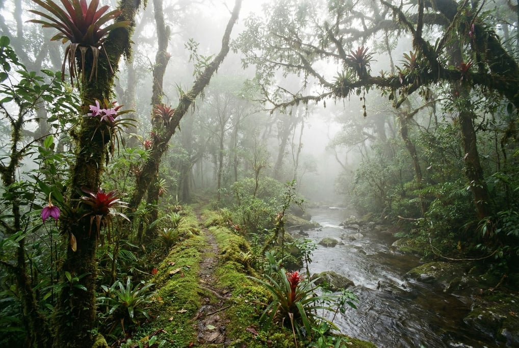 Cloud forest canopy, orchids and bromeliads growing on moss-covered branches (iuivhtjq)
