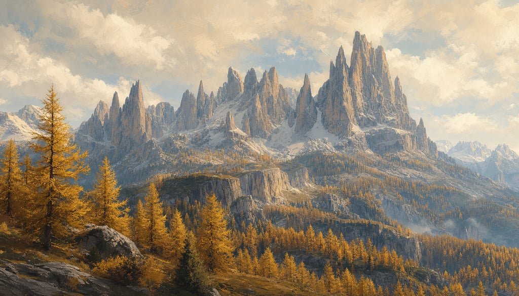 An ultra-wide cinematic painterly digital matte painting of sharp jagged Dolomite-style limestone sp