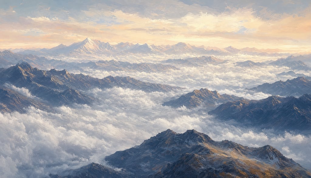 An ultra-wide cinematic painterly digital matte painting of Andean cordillera ridges seen from a hig
