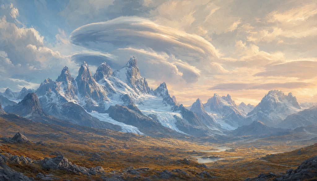 An ultra-wide cinematic painterly digital matte painting of Patagonian glaciated peaks under dramati