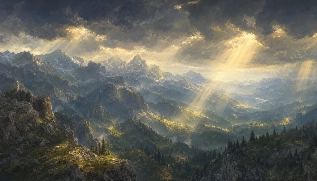 An ultra-wide cinematic painterly digital matte painting of a stormy mountain range with shafts of g