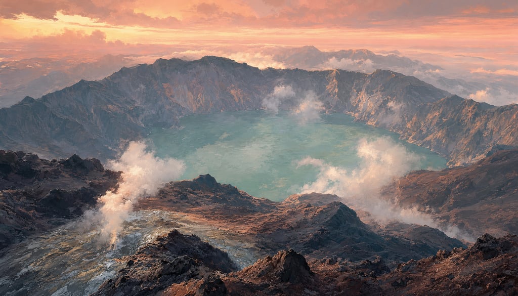 An ultra-wide cinematic painterly digital matte painting of a volcanic crater rim with a steaming ca