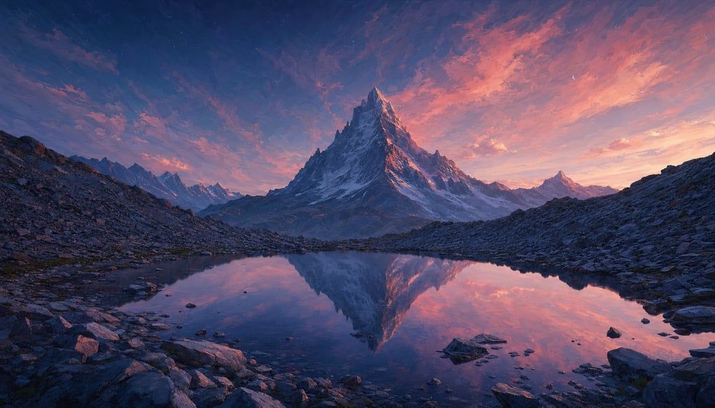 An ultra-wide cinematic painterly digital matte painting of a perfect mountain peak reflection in a