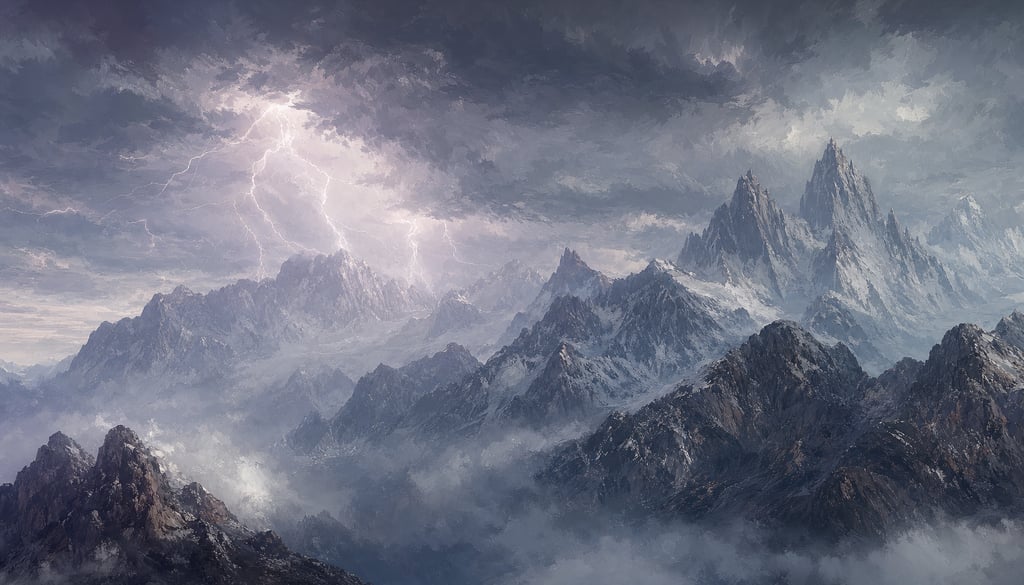 An ultra-wide cinematic painterly digital matte painting of stormy mountain peaks with distant light
