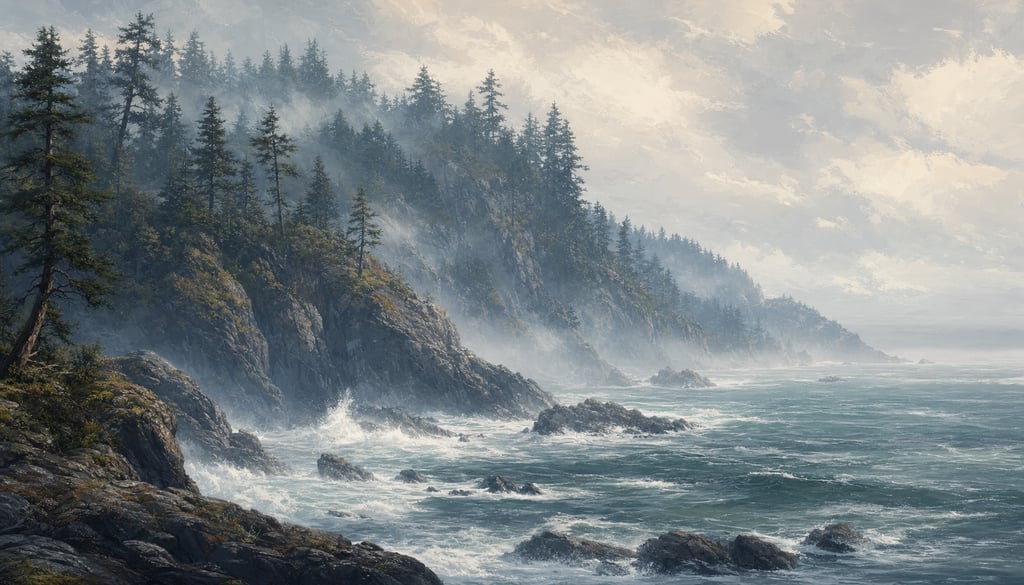 An ultra-wide cinematic painterly digital matte painting of a Northern Pacific rocky shoreline with