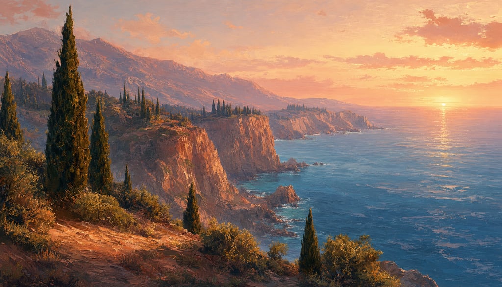 An ultra-wide cinematic painterly digital matte painting of a Mediterranean cliff coast with sentine