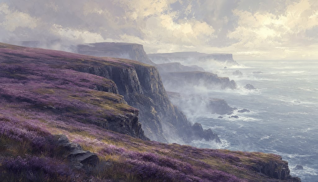 An ultra-wide cinematic painterly digital matte painting of foggy Scottish sea cliffs with purple he