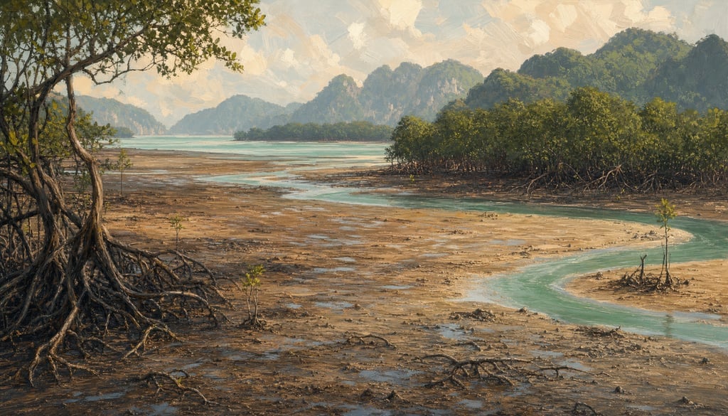 An ultra-wide cinematic painterly digital matte painting of a coastal mangrove estuary at low tide r