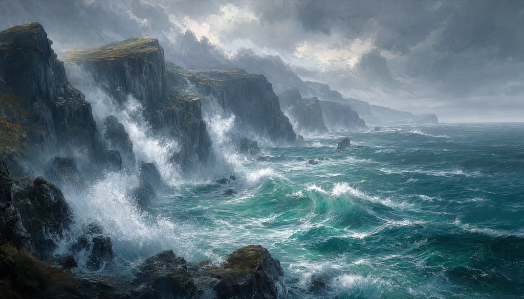 An ultra-wide cinematic painterly digital matte painting of powerful storm waves crashing against ja