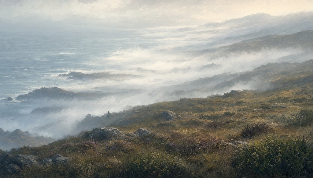 An ultra-wide cinematic painterly digital matte painting of a coastal heath landscape with sea fog r