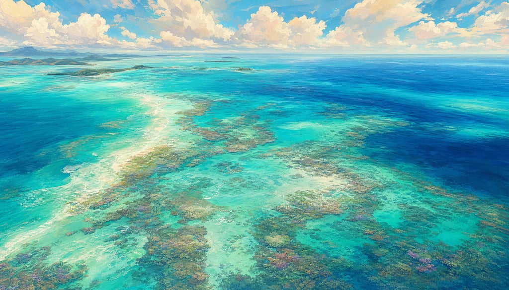 An ultra-wide cinematic painterly digital matte painting of a Caribbean reef seen from above showing