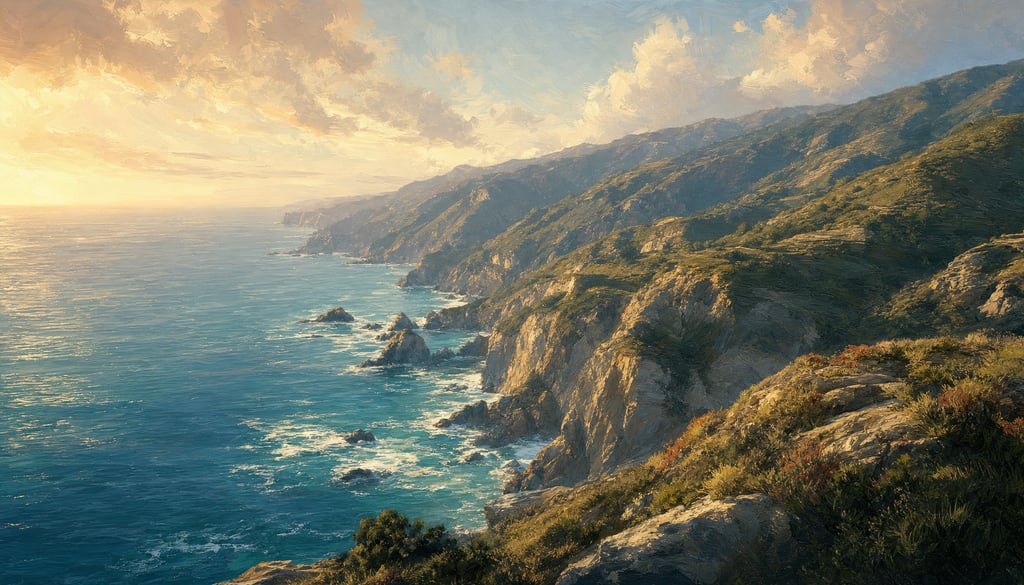 An ultra-wide cinematic painterly digital matte painting of dramatic Big Sur-style cliffs above a va