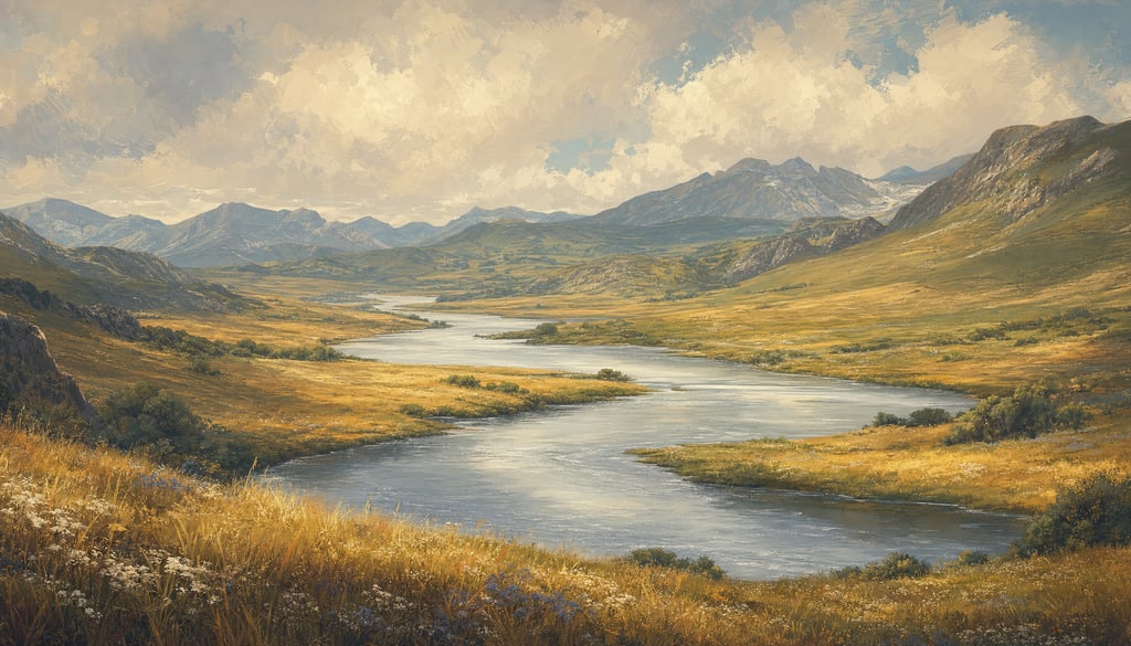 An ultra-wide cinematic painterly digital matte painting of a sweeping pastoral valley with a wide c