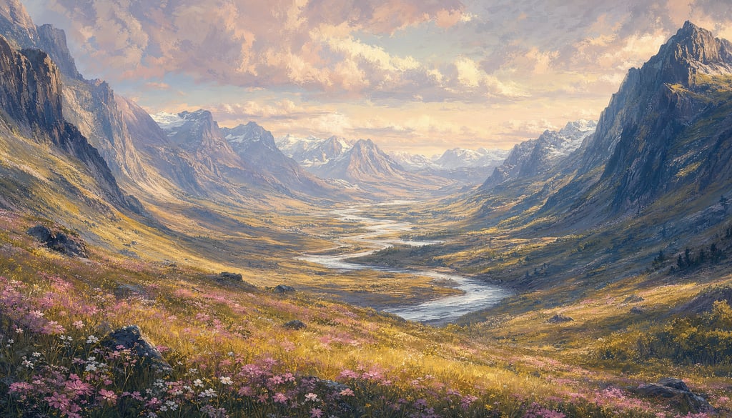 An ultra-wide cinematic painterly digital matte painting of a U-shaped glacial valley with a meander