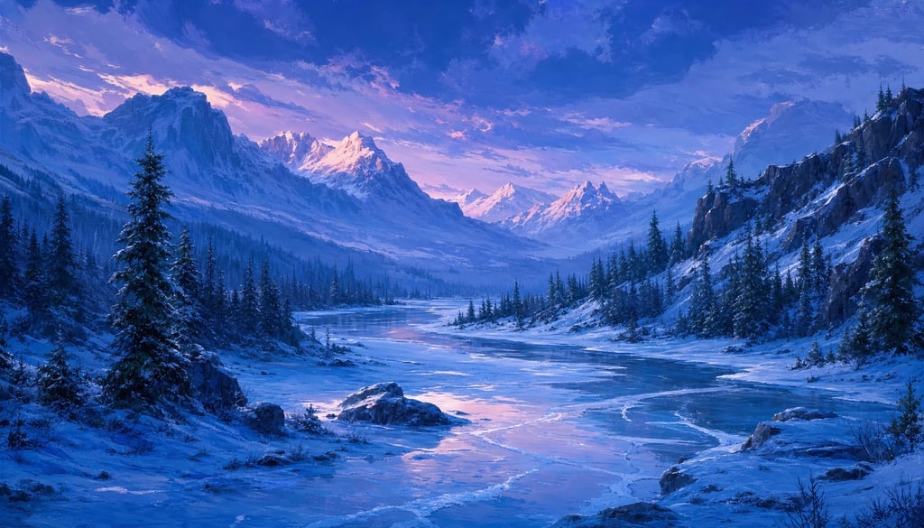 An ultra-wide cinematic painterly digital matte painting of a frozen winter river snaking through a