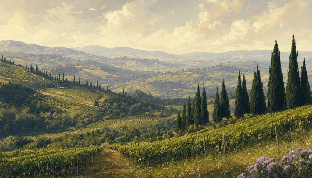 An ultra-wide cinematic painterly digital matte painting of rolling wine country vineyards in spring