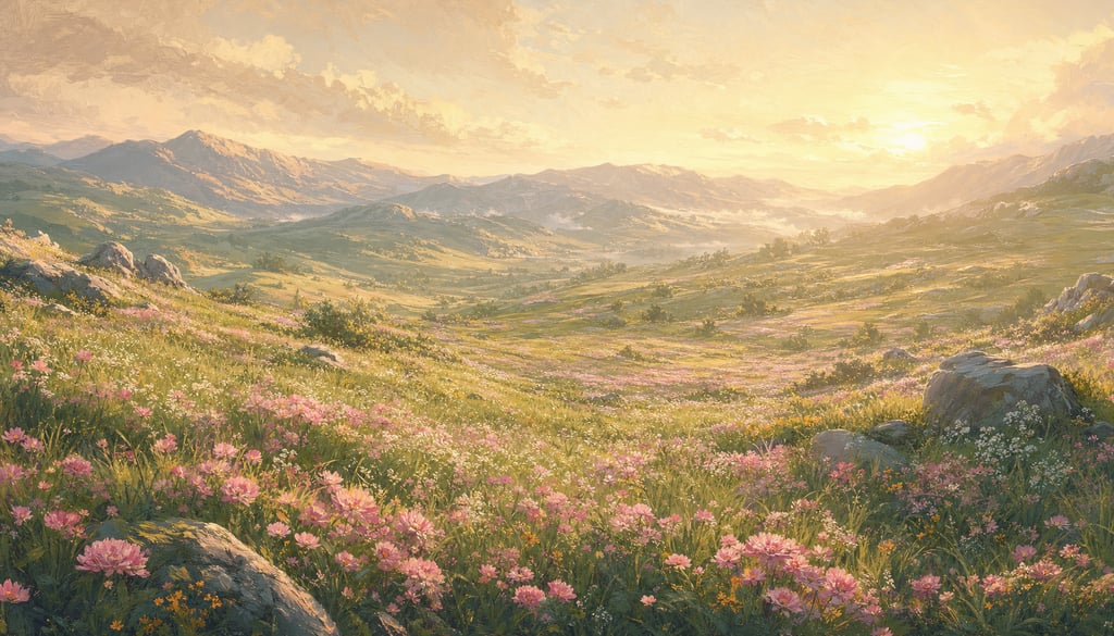 An ultra-wide cinematic painterly digital matte painting of a springtime valley filled with wildflow