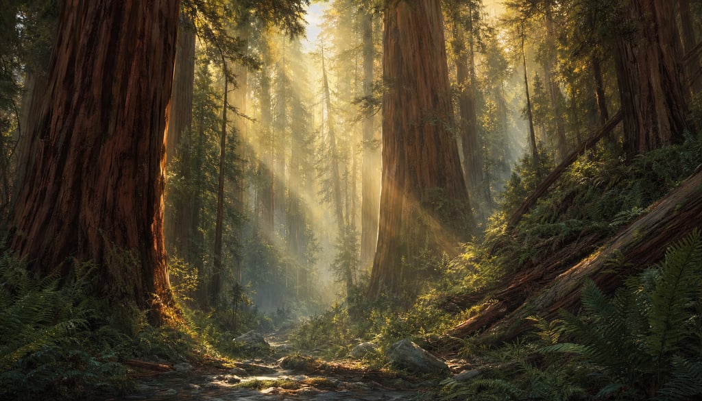 An ultra-wide cinematic painterly digital matte painting of an old-growth redwood cathedral with dra