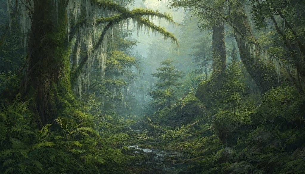 An ultra-wide cinematic painterly digital matte painting of a mossy temperate rainforest with hangin