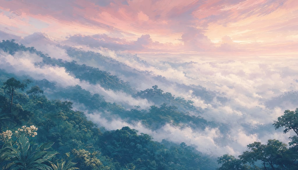 An ultra-wide cinematic painterly digital matte painting of a cloud forest at dawn with low clouds d