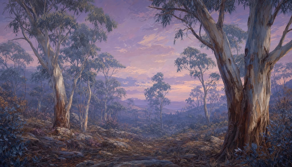 An ultra-wide cinematic painterly digital matte painting of a silver-blue eucalyptus grove at twilig