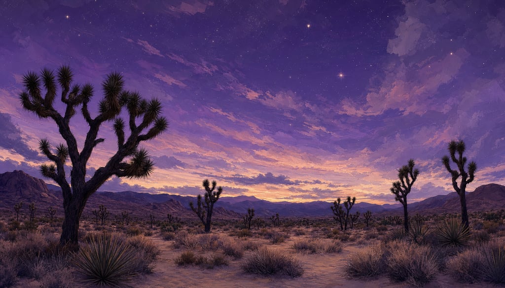 An ultra-wide cinematic painterly digital matte painting of a Joshua tree desert at twilight with si