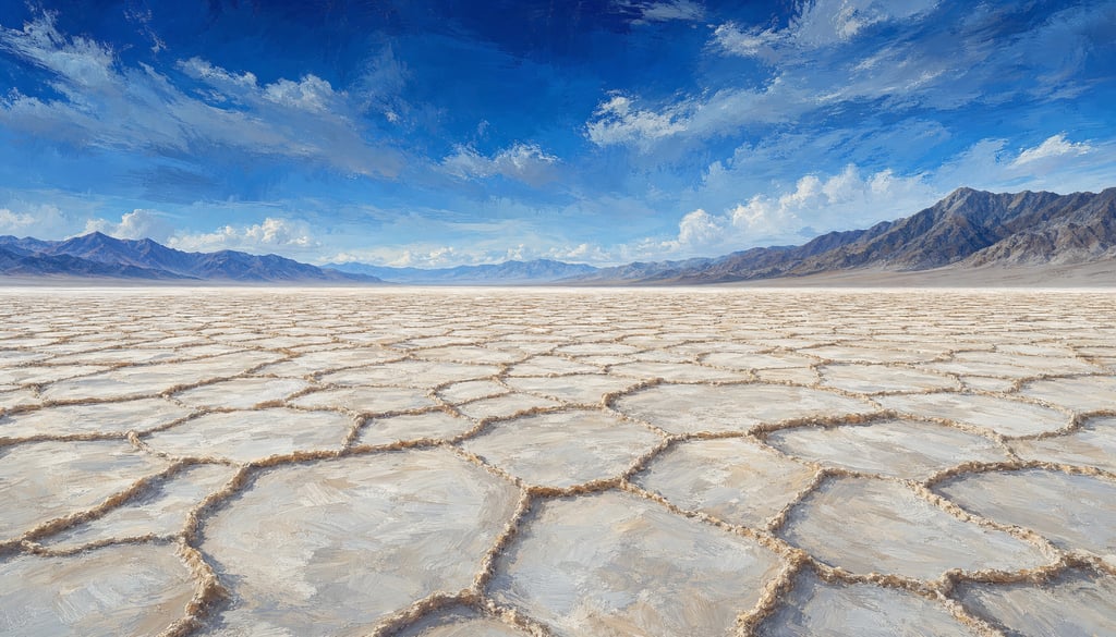 An ultra-wide cinematic painterly digital matte painting of vast Death Valley salt flats with patter