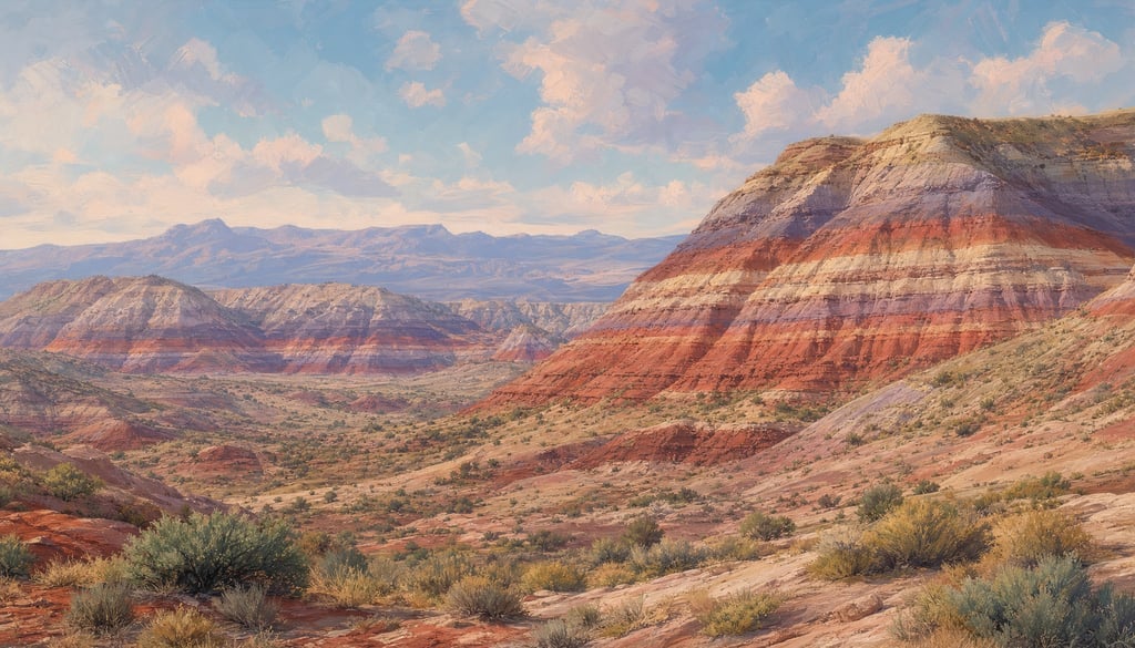 An ultra-wide cinematic painterly digital matte painting of painted desert striped sedimentary hills