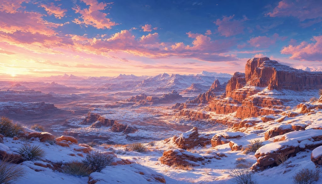 An ultra-wide cinematic painterly digital matte painting of snow-dusted red rock desert at dawn with