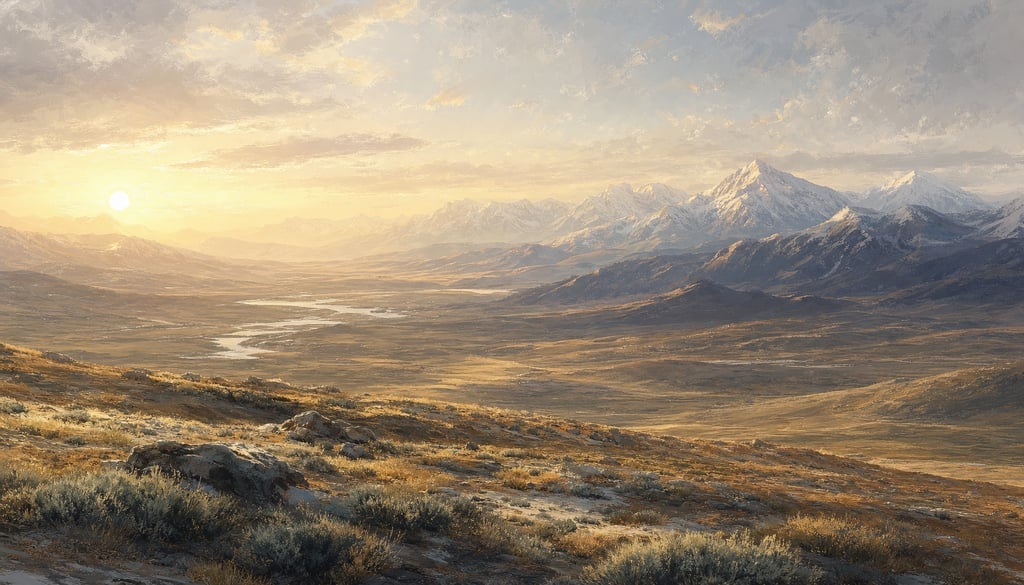 An ultra-wide cinematic painterly digital matte painting of a vast Tibetan plateau at dawn with low