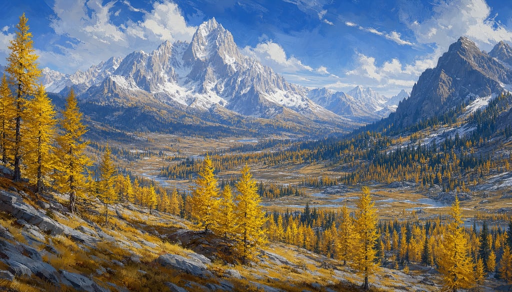 An ultra-wide cinematic painterly digital matte painting of an alpine larch forest in autumn with vi