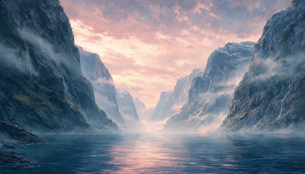 An ultra-wide cinematic painterly digital matte painting of a misty Nordic fjord at dawn viewed from