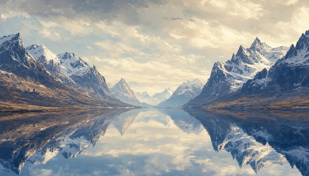 An ultra-wide cinematic painterly digital matte painting of a perfect reflected fjord with snow peak