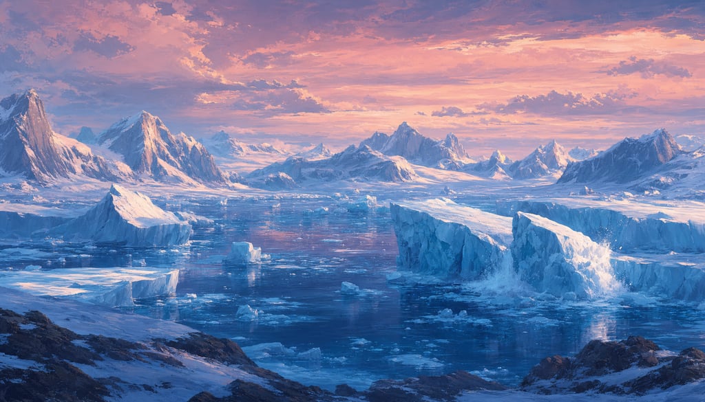An ultra-wide cinematic painterly digital matte painting of a Greenland-style bay filled with calvin