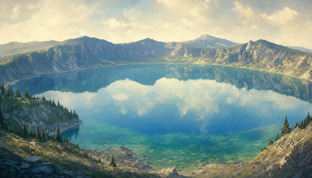 An ultra-wide cinematic painterly digital matte painting of a deep crater lake with perfectly calm r