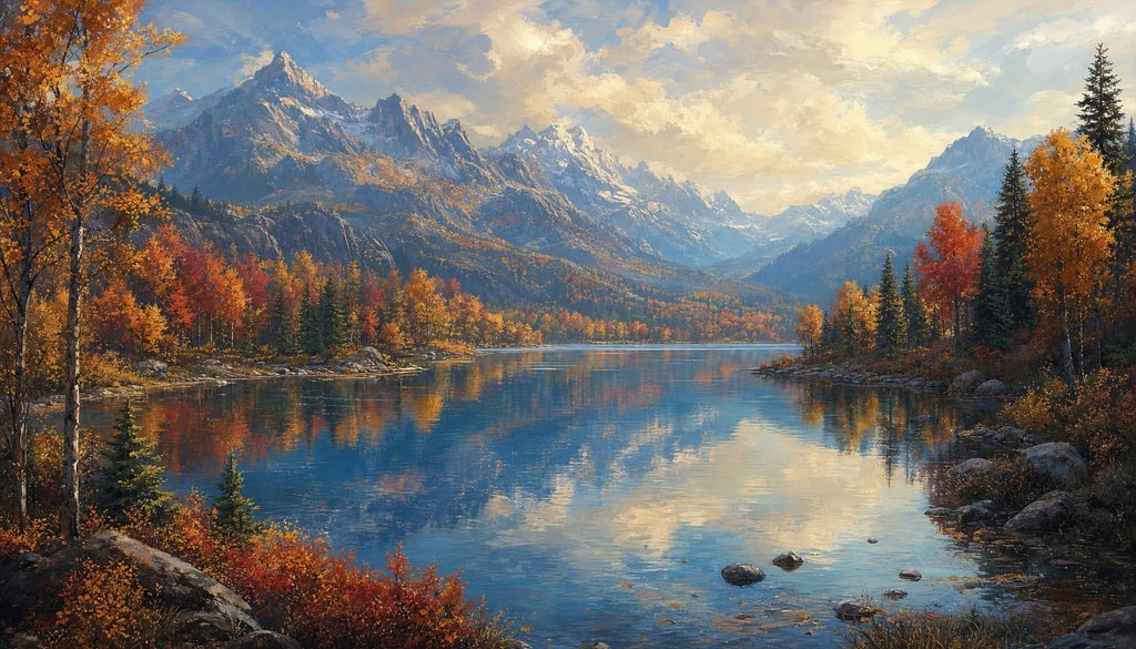 An ultra-wide cinematic painterly digital matte painting of a still mountain lake surrounded by vivi