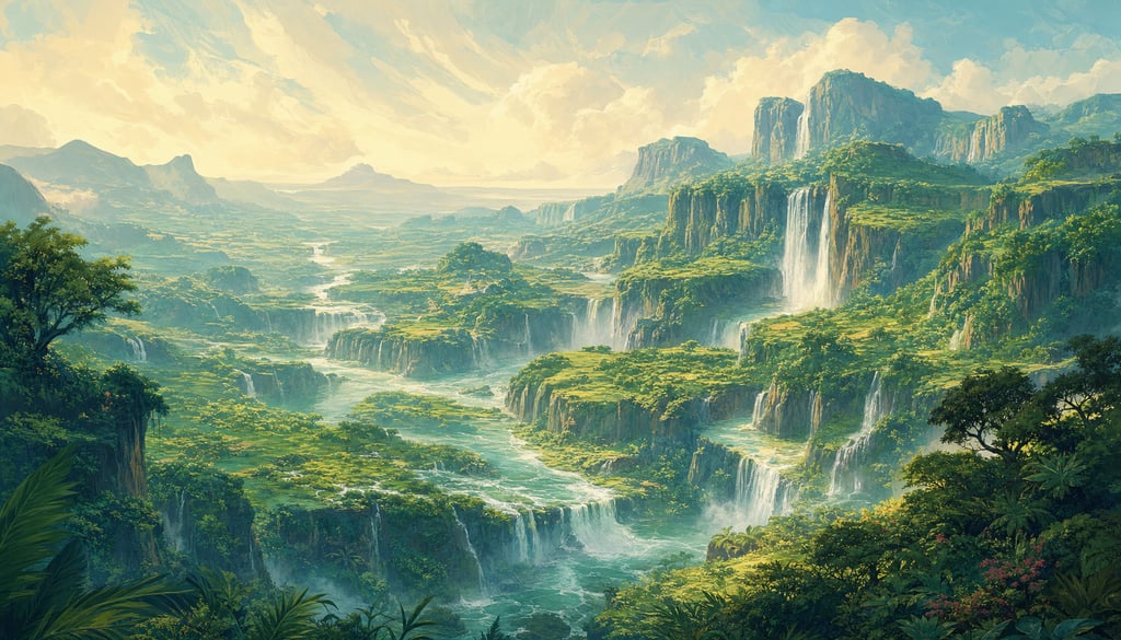 An ultra-wide cinematic painterly digital matte painting of a terraced jungle valley with cascading