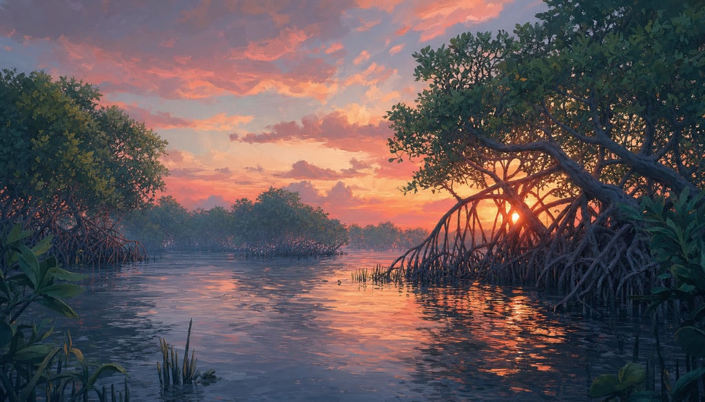 An ultra-wide cinematic painterly digital matte painting of a mangrove forest at sunset with the sun