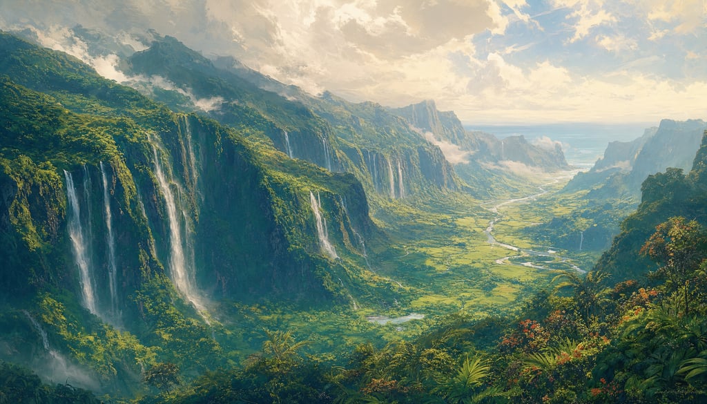 An ultra-wide cinematic painterly digital matte painting of a deep Hawaiian valley with multiple sli